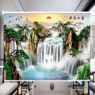 山水画遮光窗帘办公室客厅卧室背景手拉式 卷帘新中式 风景挂画定制