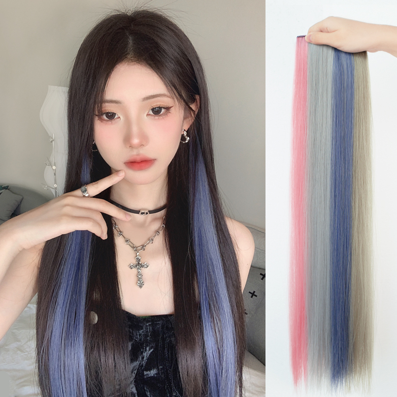 挑染假发片挂耳染一片式彩色渐变女长短发粉蓝色接发隐形贴片仿真