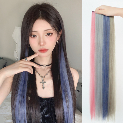 挑染假发片挂耳染一片式彩色渐变女长短发粉蓝色接发隐形贴片仿真