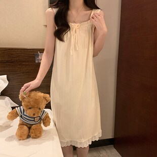 吊带睡裙女夏季 背心纯欲风杏色家居服睡衣裙子夏天 款 纯棉简约无袖