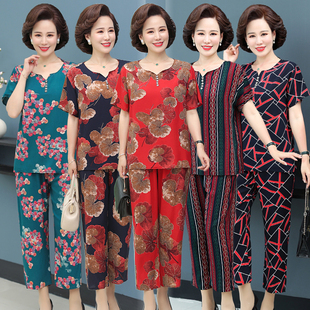 中老年绵绸家居服中年妈妈棉绸睡衣女夏季 薄款 短袖 人造棉两件套装