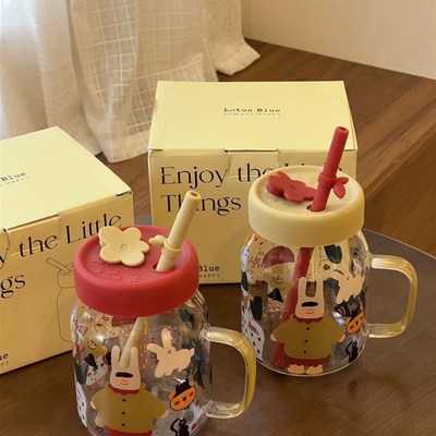 悦檬食器 女孩爱画鸦高硼硅玻璃带盖子吸管杯可爱创意水杯暖手送