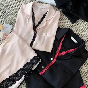 家居服套装 夏天法式 春款 高级蕾丝花边冰丝睡衣女款 可外穿 2024新款