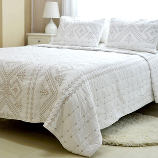 床盖白m色刺绣绗缝被三件套全棉空调被夏凉被双人床 出口纯棉欧式