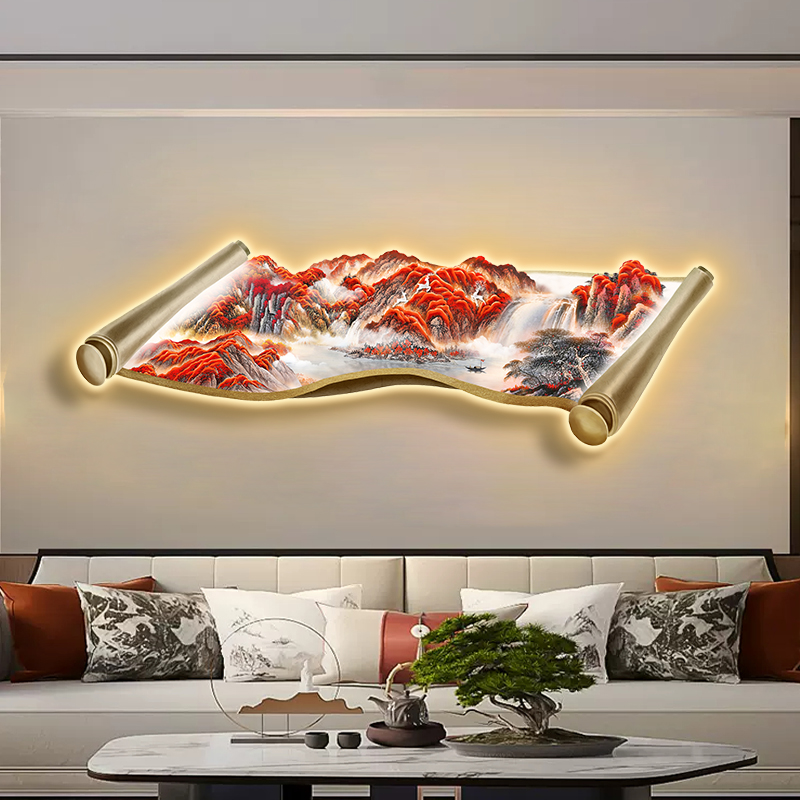 鸿运当头客厅装饰画新中式沙发背景墙挂画办公室茶室靠山led灯画