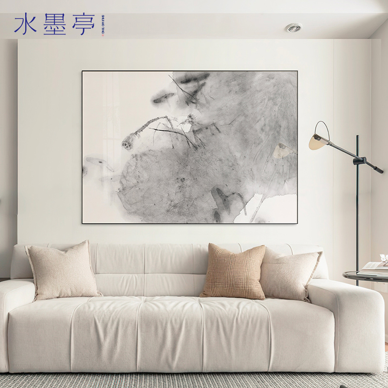 新中式客厅沙发背景墙水墨挂画现代法式黑白荷花装饰画大幅壁画图片