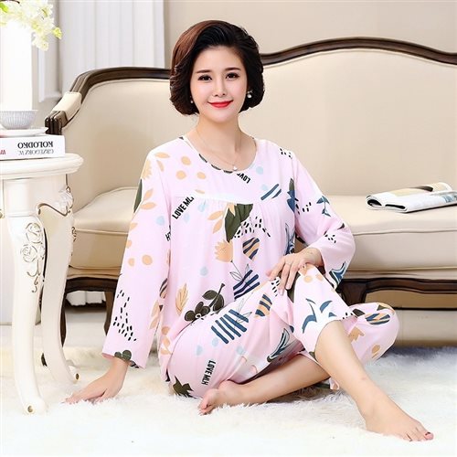 。棉绸睡衣女夏长袖中老年老人绵绸套装夏L季人造棉家居服妈妈两