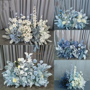 婚庆排花绢花蓝色系主题婚礼路引花成品T台花艺舞台背景装 新款 饰