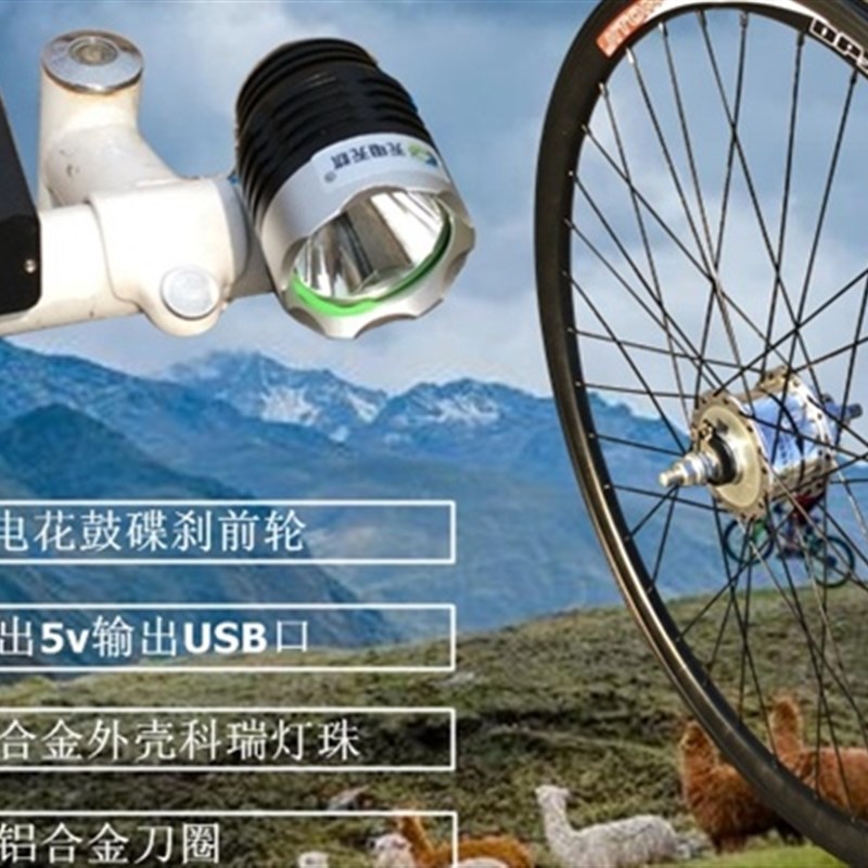 新品无电无忧登山自行车发电花z鼓轮组单车碟煞花鼓发电机装置自