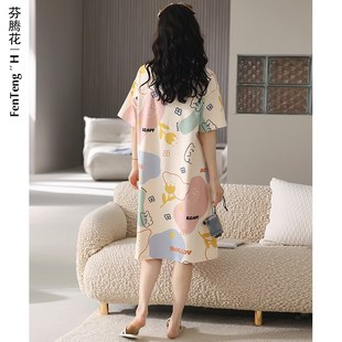 @睡裙女夏季 纯棉短袖 中裙薄款 休闲甜美全棉家居服睡衣女夏款
