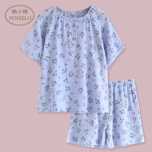 夏薄款 女 纯棉泡泡棉纱花朵兔甜美套头圆领短袖 全棉家居服睡衣套装