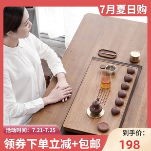 茶海抽屉式 储水式 茶盘家用客厅现代功夫茶具茶海竹制实木抽屉托盘