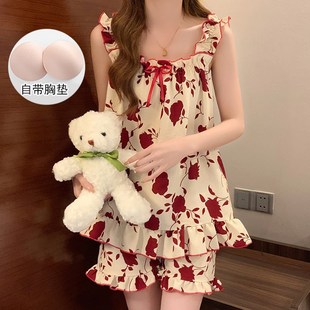 夏天薄款 公主风短袖 甜美套装 睡衣女夏季 吊带家居服可外穿 2024新款