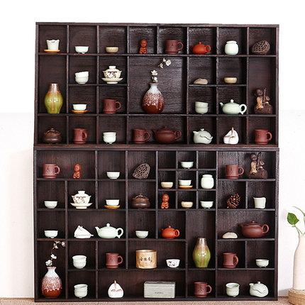 烧桐木博古架实木茶杯架置物架多宝阁壁挂展示架紫砂茶壶茶具柜