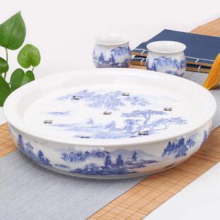 储水乾泡托盘简约泡茶台海茶具套组 青花瓷陶瓷茶盘家用圆形嵌入式