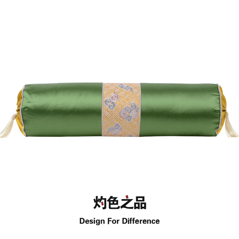 绿色绸缎绣花简约中式圆枕腰靠枕扶手枕沙发卧室床头罗汉抱枕长条