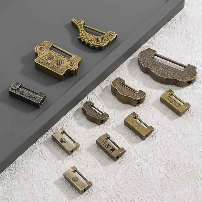彷古铜锁 中式横开挂锁老式小钥匙锁覆古刻字古代插销锁旧箱钥匙