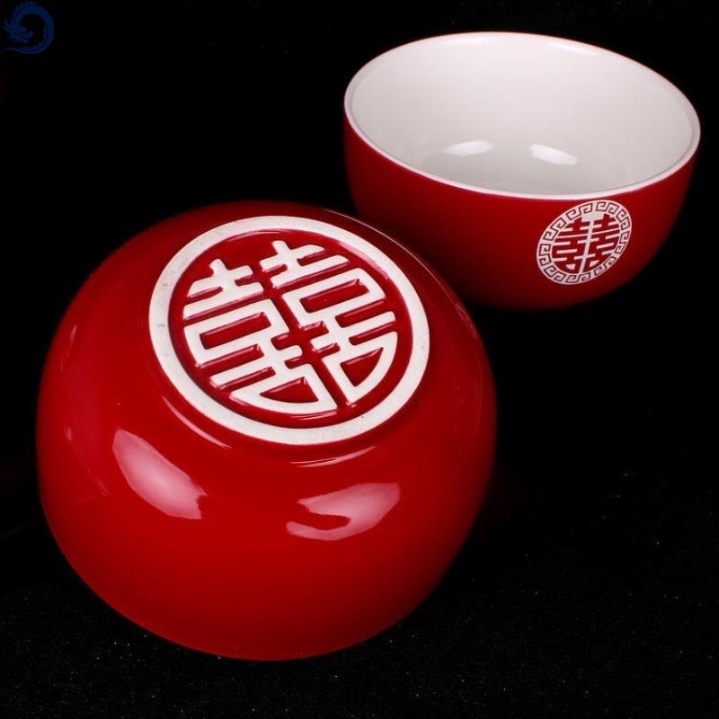 喜碗结婚对碗红色碗一对陶瓷饭碗婚庆用品新娘陪嫁碗筷子组中式