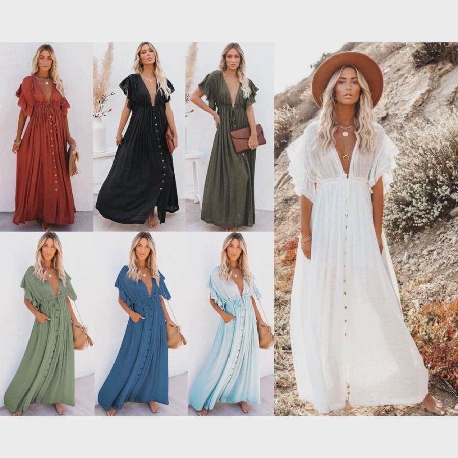 women beach cover up dress bikini shirt wear long maxi white