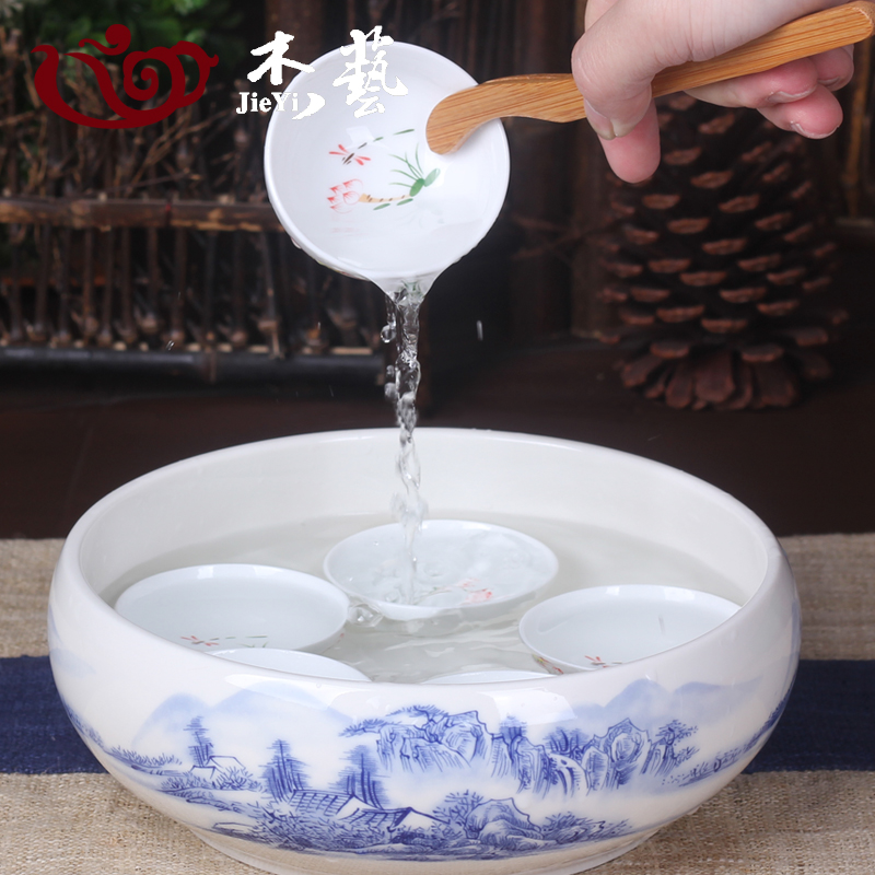 青花茶洗 大号茶具笔洗青花陶瓷配件小号茶道零配水盂水洗特价