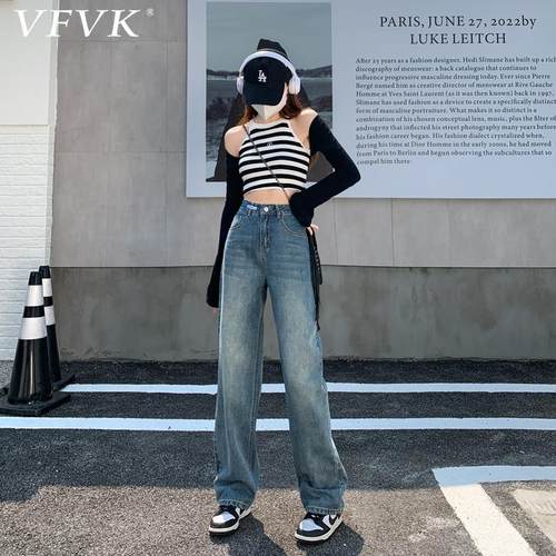 vfvk复古直筒牛仔裤女2024新款加绒裤子秋冬小个子宽松窄版阔腿裤