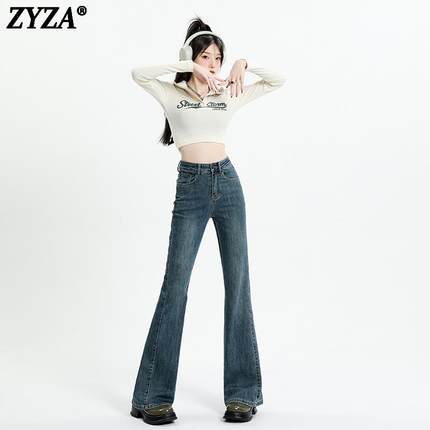 ZYZA复古蓝阔腿牛仔裤女2024年秋冬新款高腰裤子显瘦微喇叭拖地裤