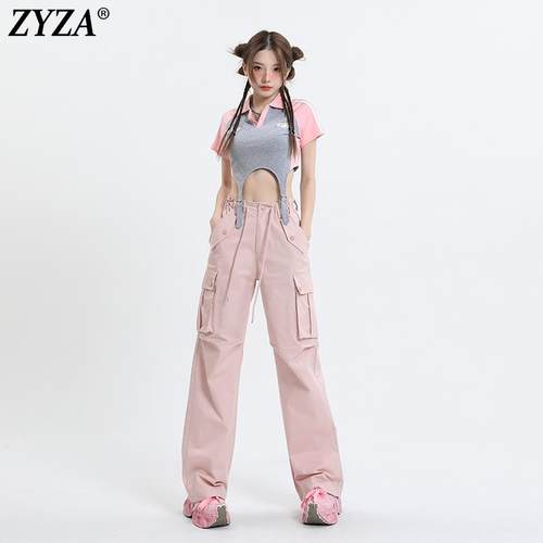ZYZA美式复古粉色工装裤子女2025年春季新款宽松高腰阔腿速干休闲
