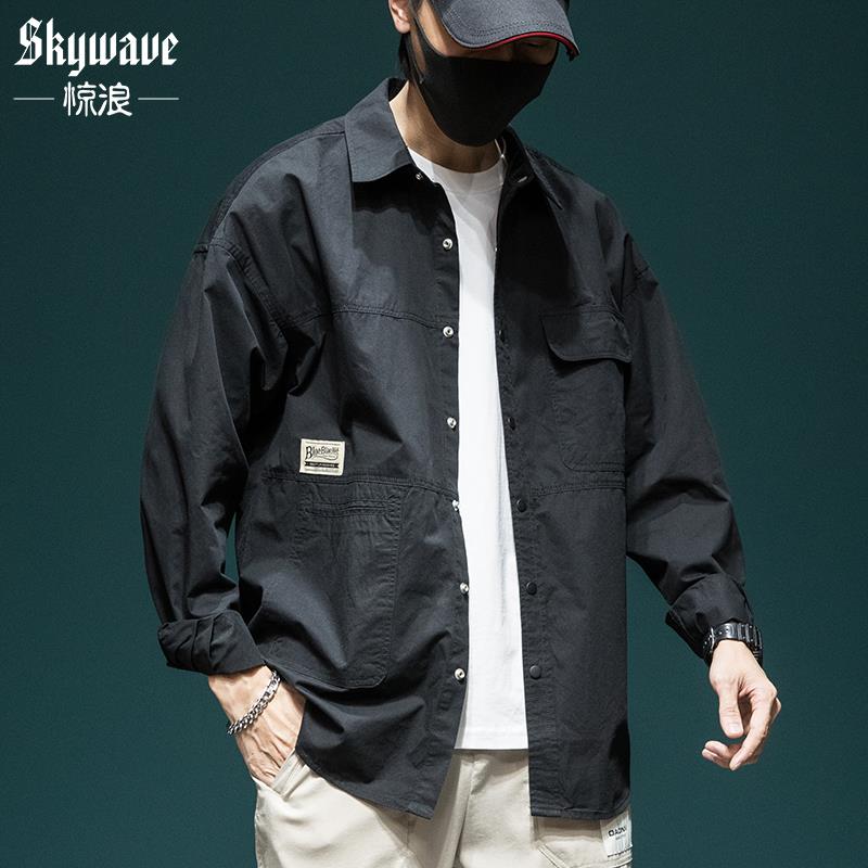 休闲长袖衬衫男士宽松大码百搭衬衣男装新款加肥加大胖子工装外套