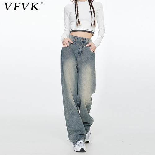 vfvk星空纹浅色直筒牛仔裤女秋冬新款美式宽松显瘦阔腿小个子裤子