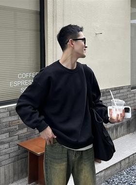 nick tian 秋冬基础款纯色套头圆领卫衣男潮流宽松休闲黑色上衣