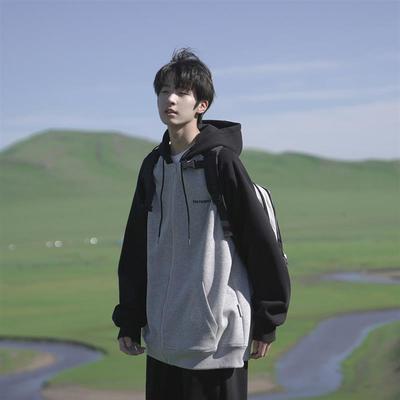 GOGOSOON男生灰色连帽拉链开衫卫衣外套上衣服370g春秋装青少年款