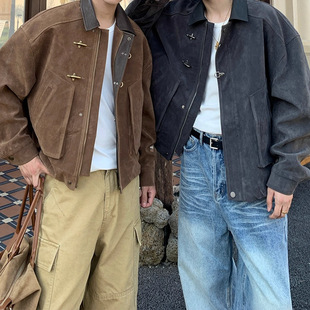 品质男装美式潮牌复古痞帅麂皮短款夹克男秋冬季设计感感翻领短款