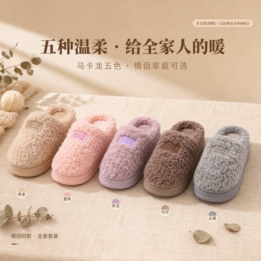 轻臣女款秋冬保暖防滑毛绒棉拖