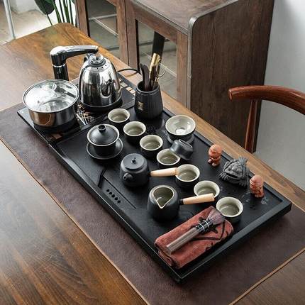 咪曦乌金石茶盘家用一体式整块茶台功夫茶具套装大号排水全自动电