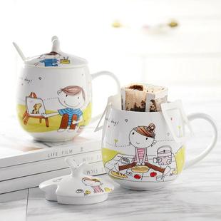 骨瓷杯创意情侣马克杯带盖带勺水杯陶瓷杯子奶茶杯麦片杯牛奶杯