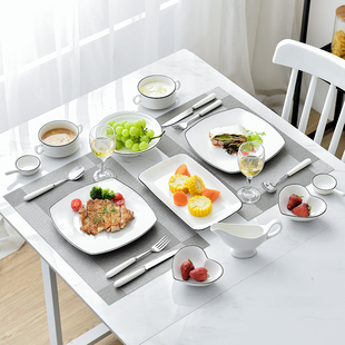 精选西餐牛排餐盘餐具套装创意牛排刀叉套装日式陶瓷简约黑线家用