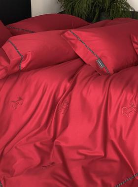 轻奢简约1/4吋套筒扳手马刺绣长绒棉四件套全棉浪漫红色结婚庆被