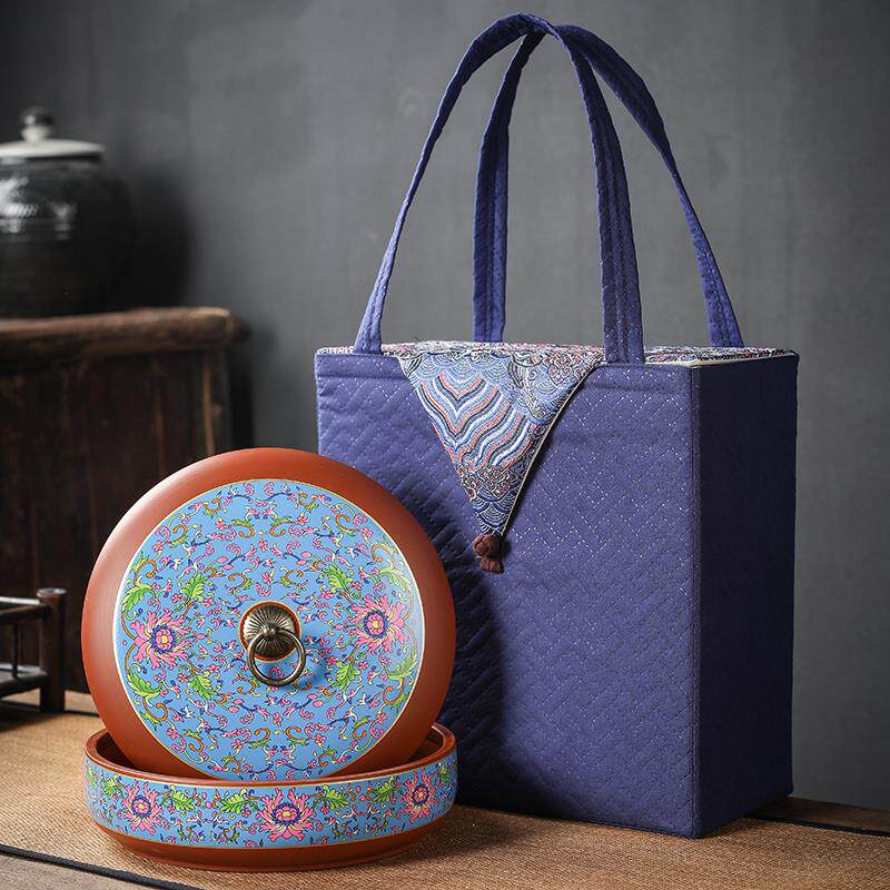 手提布袋装紫砂茶叶罐大号普洱白茶357克茶饼收纳盒陶瓷存茶罐子