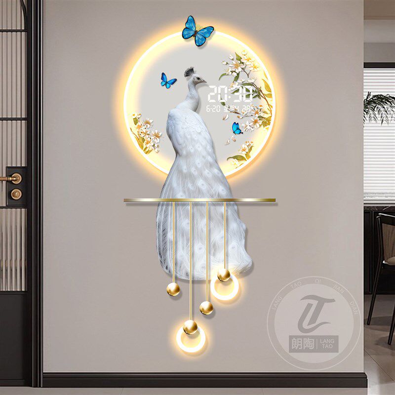 新中式孔雀玄关装饰画智能万年历电子时钟挂画高级感立体发光灯饰