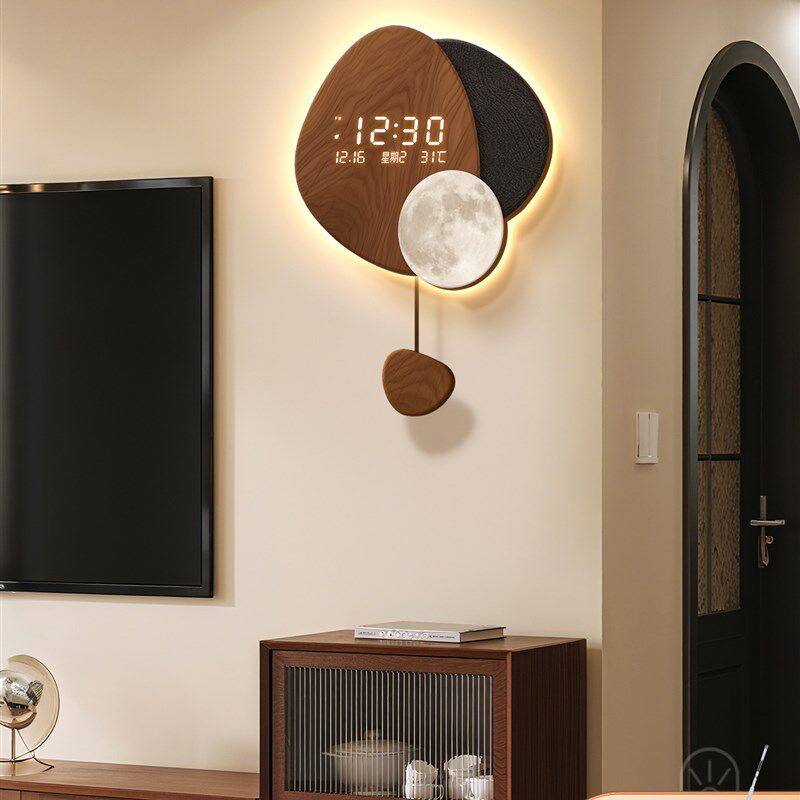 中古风时来运转客厅挂钟高级感万年历电子钟表电视背景墙发光时钟