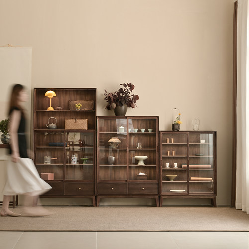 即品实木书柜一体整墙收纳柜带柜门客厅展示柜子黑胡桃色多层斗柜