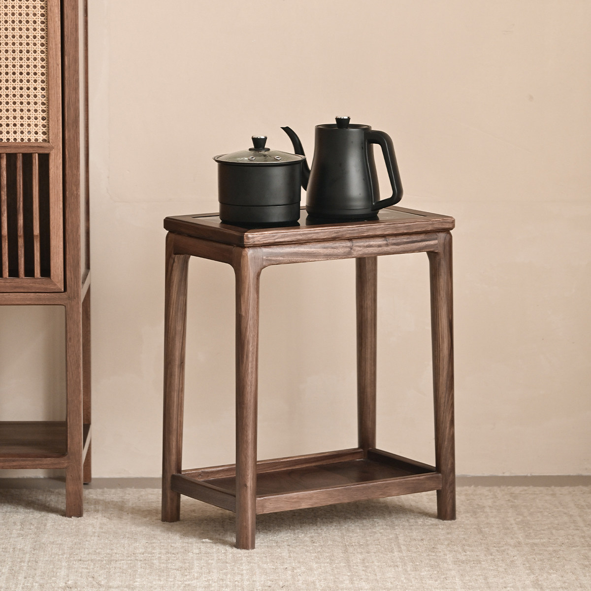 即品纯实木乌金木小边几茶水柜简约轻奢家用沙发烧水壶一体嵌入式