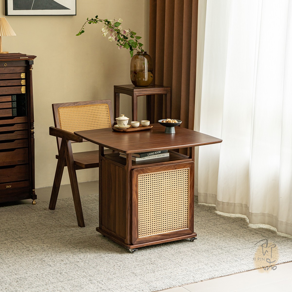 即品黑胡桃木茶桌阳台客厅小型家用茶台2025新款高端实木带轮移动