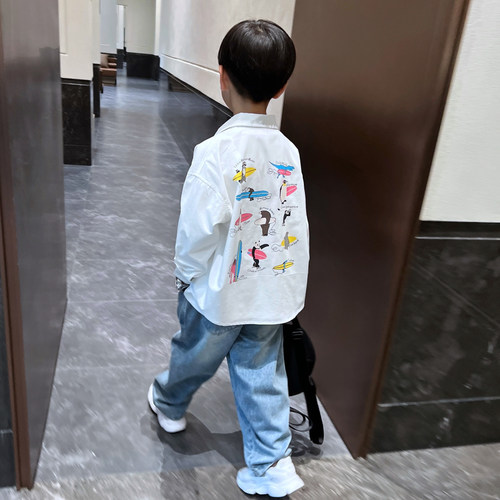 男童秋季长袖纯棉卡通白色衬衫