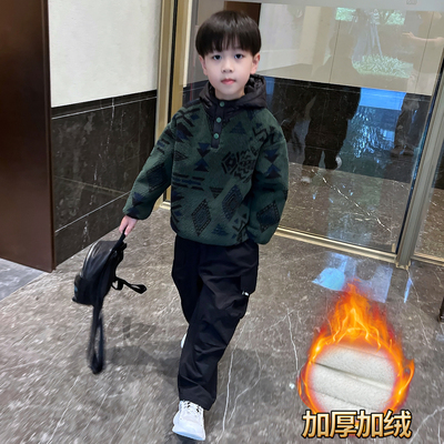 男童冬季加绒加厚保暖连帽卫衣