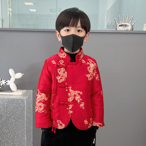 男童红色拜年服2023新款儿童中小童秋冬加厚中式唐装中国风棉衣