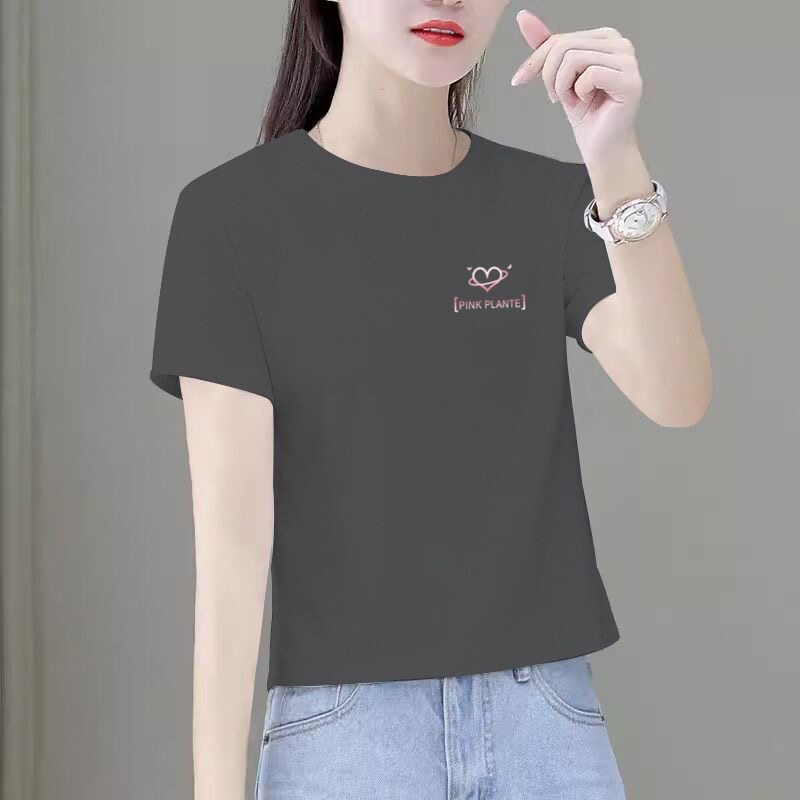 韩版夏天修身2024新款圆领洋气女士t恤短袖印花外穿宽松女装上衣