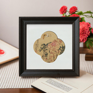 复古黑色中古风画框字画水彩国画胡桃木色圆形海棠花型花鸟画相框