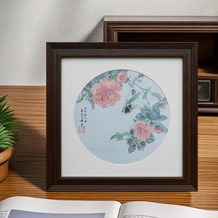 复古黑色中国风画框字画国画胡桃木圆形海棠花型十字绣相框带卡纸