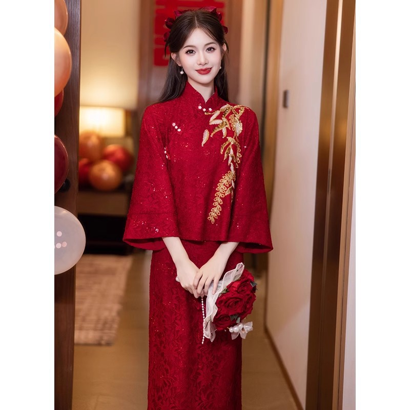 新中式旗袍敬酒服新娘秀禾服2025新款春秋酒红色长袖蕾丝订婚